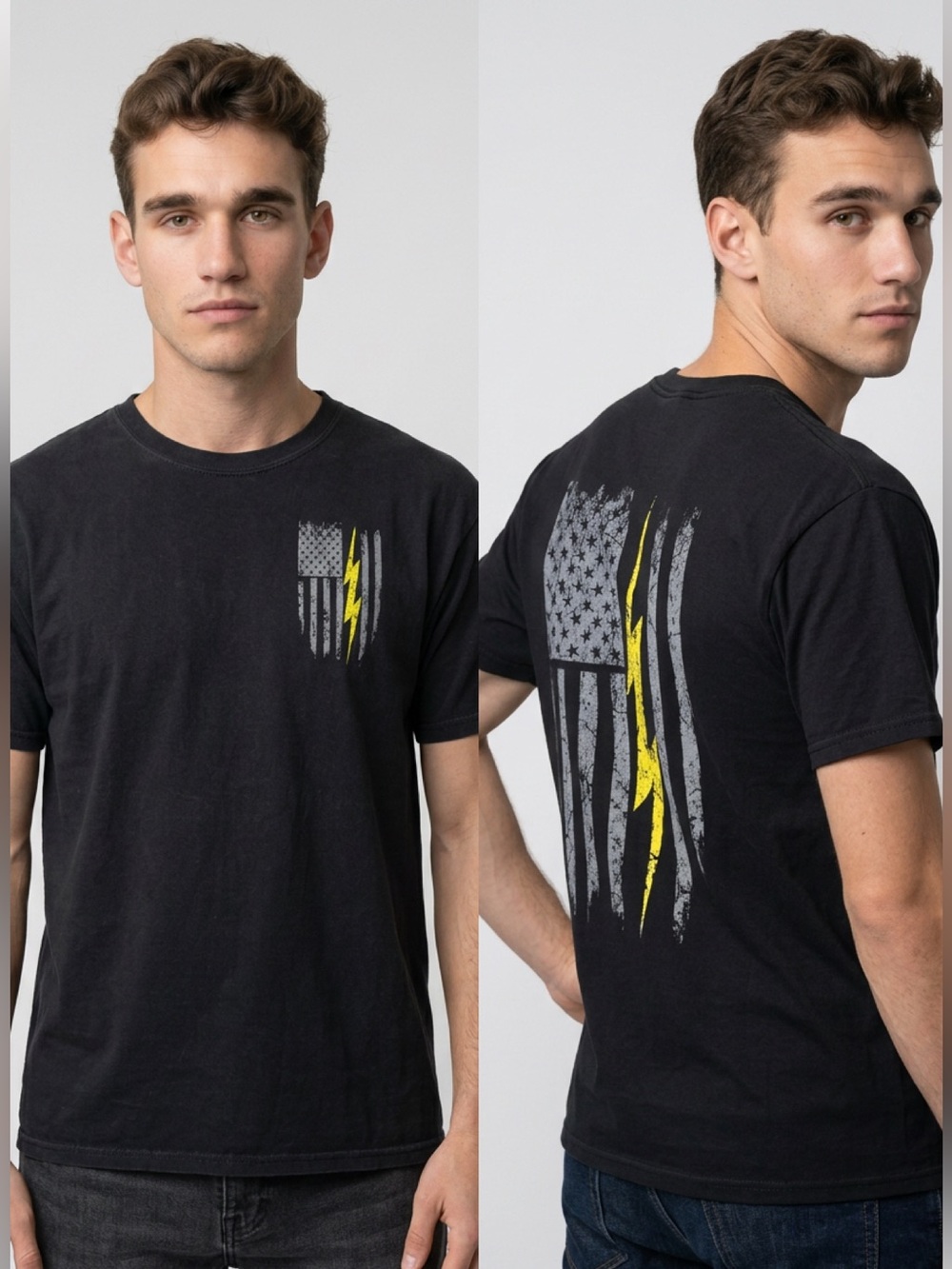 Hanes Men's XL American Electrician Flag Graphic T-Shirt Black Distressed